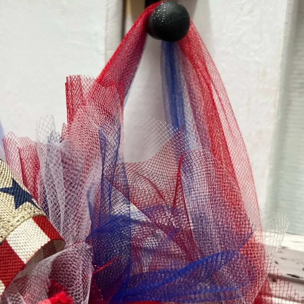 Welcome patriotic wreath, red white and blue mesh ribbon front door wreath.